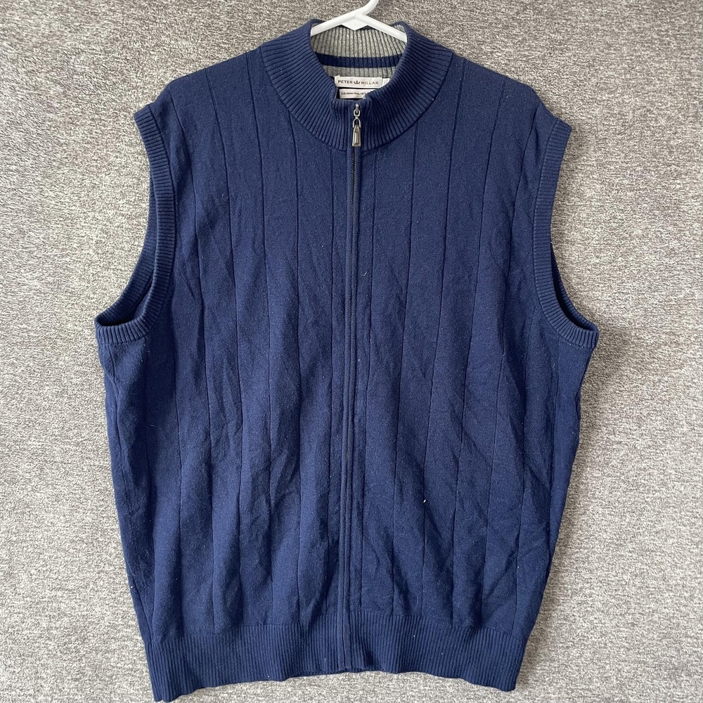 Peter Millar Sweater Vest‎ Mens Large Blue Merino Wool Cotton Full Zip Mock Neck